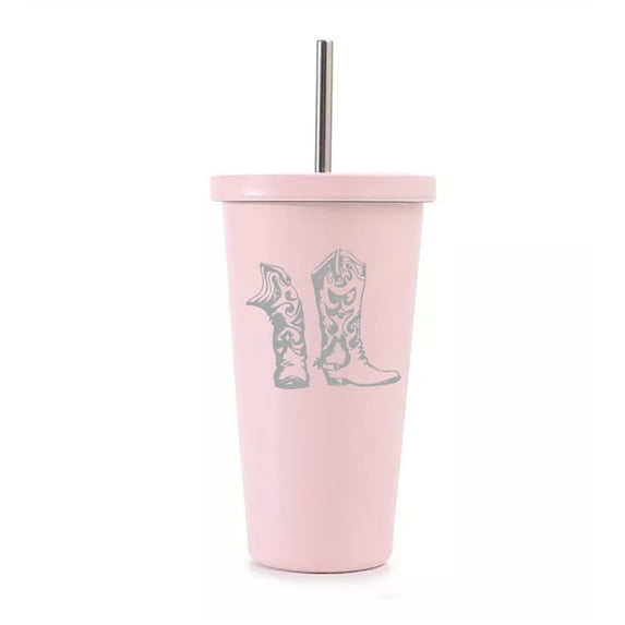 16 oz Stainless Steel Double Wall Insulated Tumbler Pool Beach Cup Travel Mug With Straw Cowboy Cowgirl Boots (Light Pink)