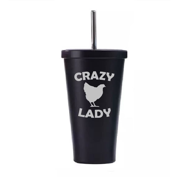 16 oz Stainless Steel Double Wall Insulated Tumbler Pool Beach Cup Travel Mug With Straw Crazy Chicken Lady (Black)