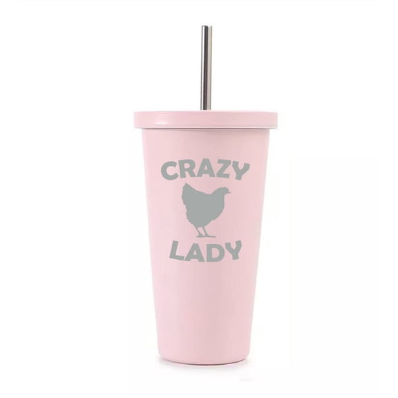 16 oz Stainless Steel Double Wall Insulated Tumbler Pool Beach Cup Travel Mug With Straw Crazy Chicken Lady (Light Pink)
