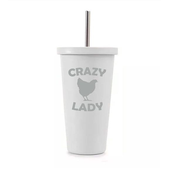 16 oz Stainless Steel Double Wall Insulated Tumbler Pool Beach Cup Travel Mug With Straw Crazy Chicken Lady (White)