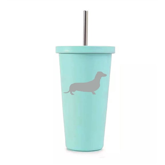 16 oz Stainless Steel Double Wall Insulated Tumbler Pool Beach Cup Travel Mug With Straw Dachshund (Teal)