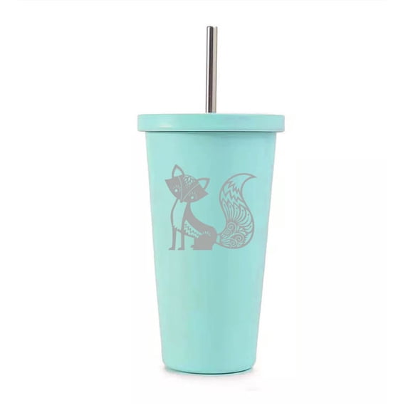 16 oz Stainless Steel Double Wall Insulated Tumbler Pool Beach Cup Travel Mug With Straw Fancy Fox (Teal)
