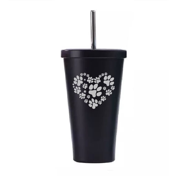 16 oz Stainless Steel Double Wall Insulated Tumbler Pool Beach Cup Travel Mug With Straw Heart Paw Prints (Black)