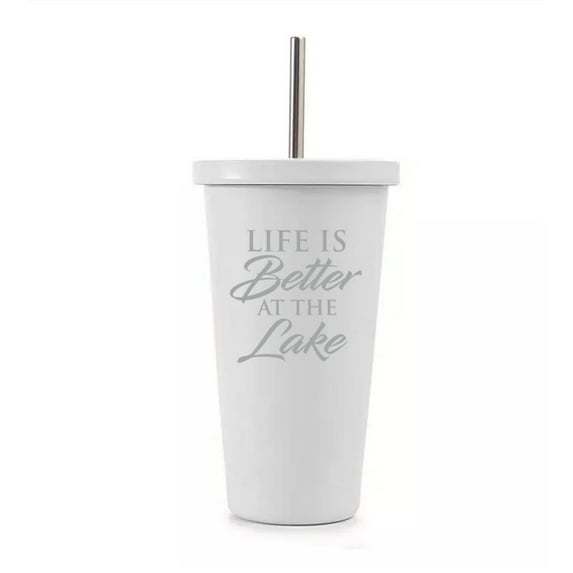 16 oz Stainless Steel Double Wall Insulated Tumbler Pool Beach Cup Travel Mug With Straw Life Is Better By The Lake (White)