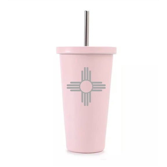 16 oz Stainless Steel Double Wall Insulated Tumbler Pool Beach Cup Travel Mug With Straw New Mexico Sun Symbol (Light Pink)