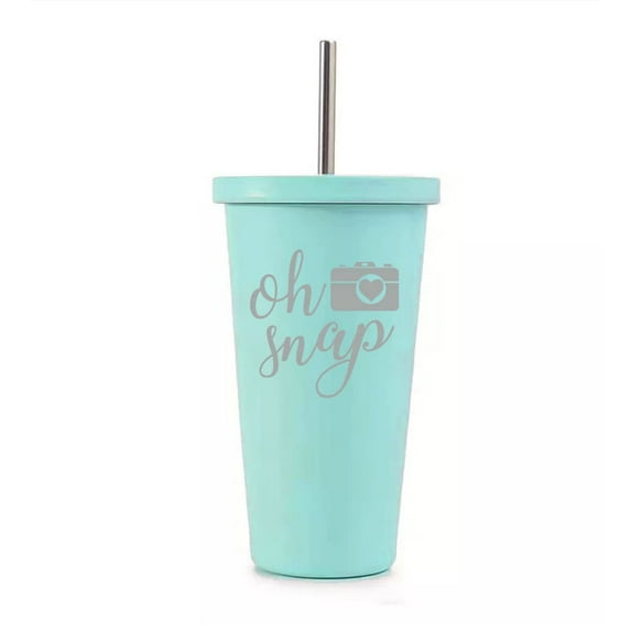 16 oz Stainless Steel Double Wall Insulated Tumbler Pool Beach Cup Travel Mug With Straw Oh Snap Funny Camera Picture Photographer (Teal)