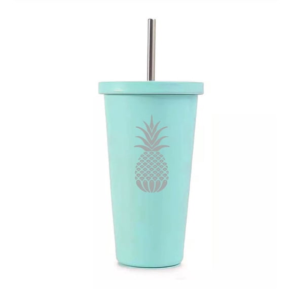 16 oz Stainless Steel Double Wall Insulated Tumbler Pool Beach Cup Travel Mug With Straw Pineapple (Teal)