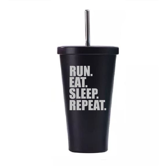 16 oz Stainless Steel Double Wall Insulated Tumbler Pool Beach Cup Travel Mug With Straw Run Eat Sleep Repeat (Black)