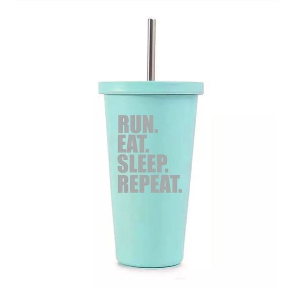 16 oz Stainless Steel Double Wall Insulated Tumbler Pool Beach Cup Travel Mug With Straw Run Eat Sleep Repeat (Teal)