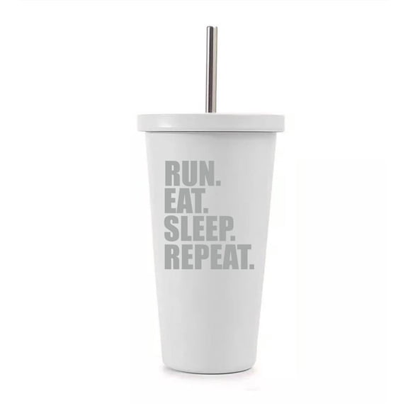 16 oz Stainless Steel Double Wall Insulated Tumbler Pool Beach Cup Travel Mug With Straw Run Eat Sleep Repeat (White)