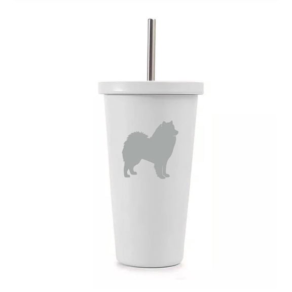 16 oz Stainless Steel Double Wall Insulated Tumbler Pool Beach Cup Travel Mug With Straw Samoyed (White)