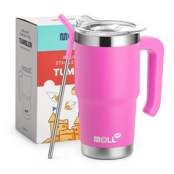 16 oz Stainless Steel Travel Tumbler with Handle - Insulated, Comes with Lid & Straw (HotPink)