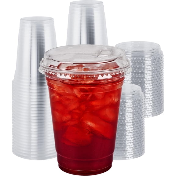 16 oz.Strawless Sip Clear Cups With Lids | Plastic Cups With Lids Pack of 100 | Disposable Cups With Lids Strawless Boba Cup | Disposable Coffee Cups With Lids | Sip Iced Coffee Cups With Lids