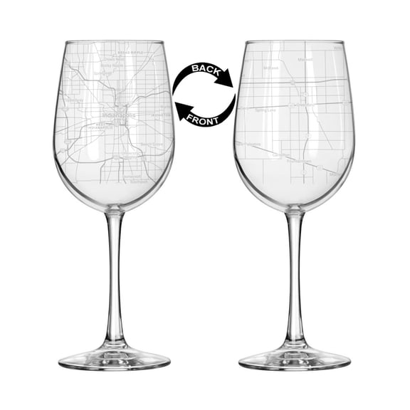 16 oz Tall Stemmed Wine Glass for Red or White Wine Wrap Around City Map Indianapolis, IN Indiana
