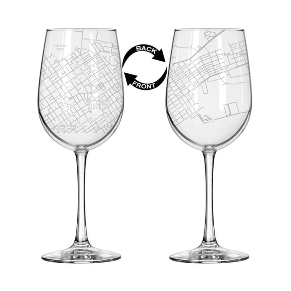16 oz Tall Stemmed Wine Glass for Red or White Wine Wrap Around City Map Key West, FL Florida