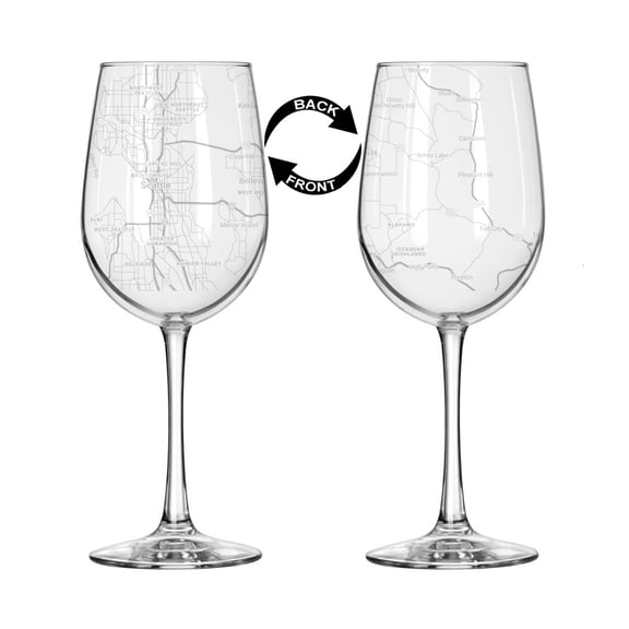 16 oz Tall Stemmed Wine Glass for Red or White Wine Wrap Around City Map Seattle, WA Washington