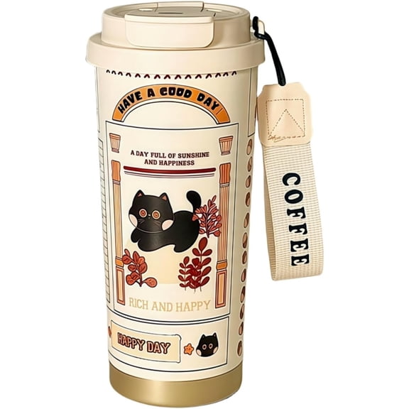 16 oz Travel Coffee Mug, Cat Insulated Coffee Mug, Cute Stainless Steel Insulated Tumbler with Lid and Straw for Water, Tea, Leakproof, Double Wall Vacuum, Hot & Cold Drinks