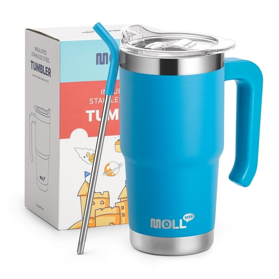 16 oz Travel Coffee Mug - Stainless Steel Vacuum Tumbler with Handle, Lid & Straw (SkyBlue)