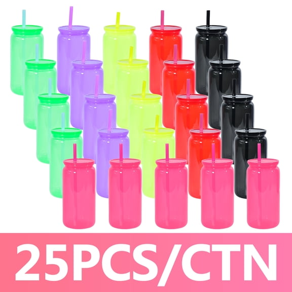 AGH 25 Pcs 16 OZ Candy Color Plastic Drinking Cups with Straw