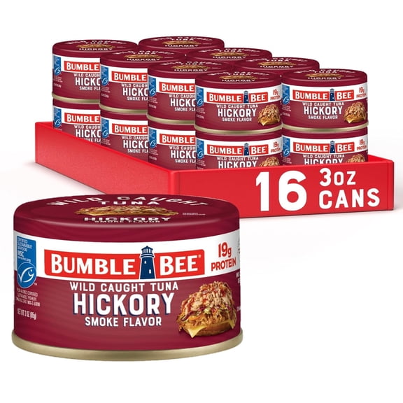 (16 pack) Bumble Bee Hickory Smoke Flavored Light Tuna, Wild Caught, Gluten Free, 19g Protein per Serving, Ready to Eat, No Draining, Shelf Stable Pull Tab Can, 3 oz