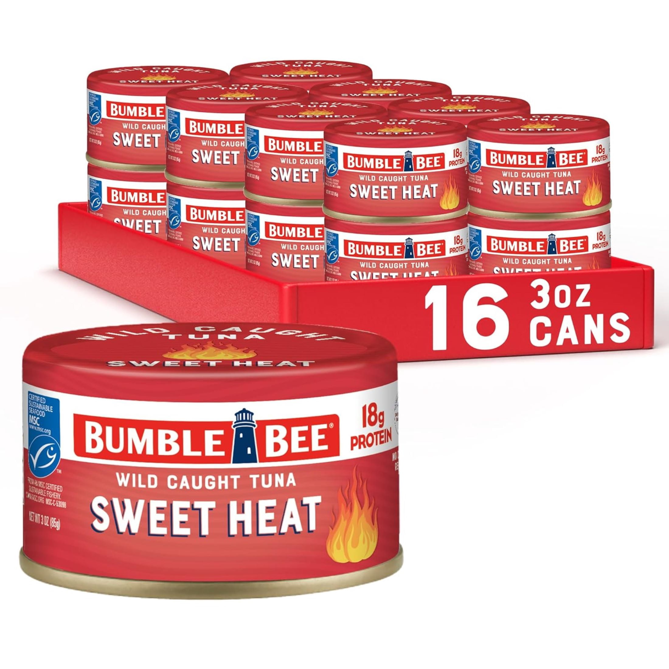 (16 pack) Bumble Bee Sweet Heat Light Tuna, Wild Caught, Gluten Free, 18g Protein per Serving, Ready to Eat, No Draining, Shelf Stable Pull Tab Can, 3oz