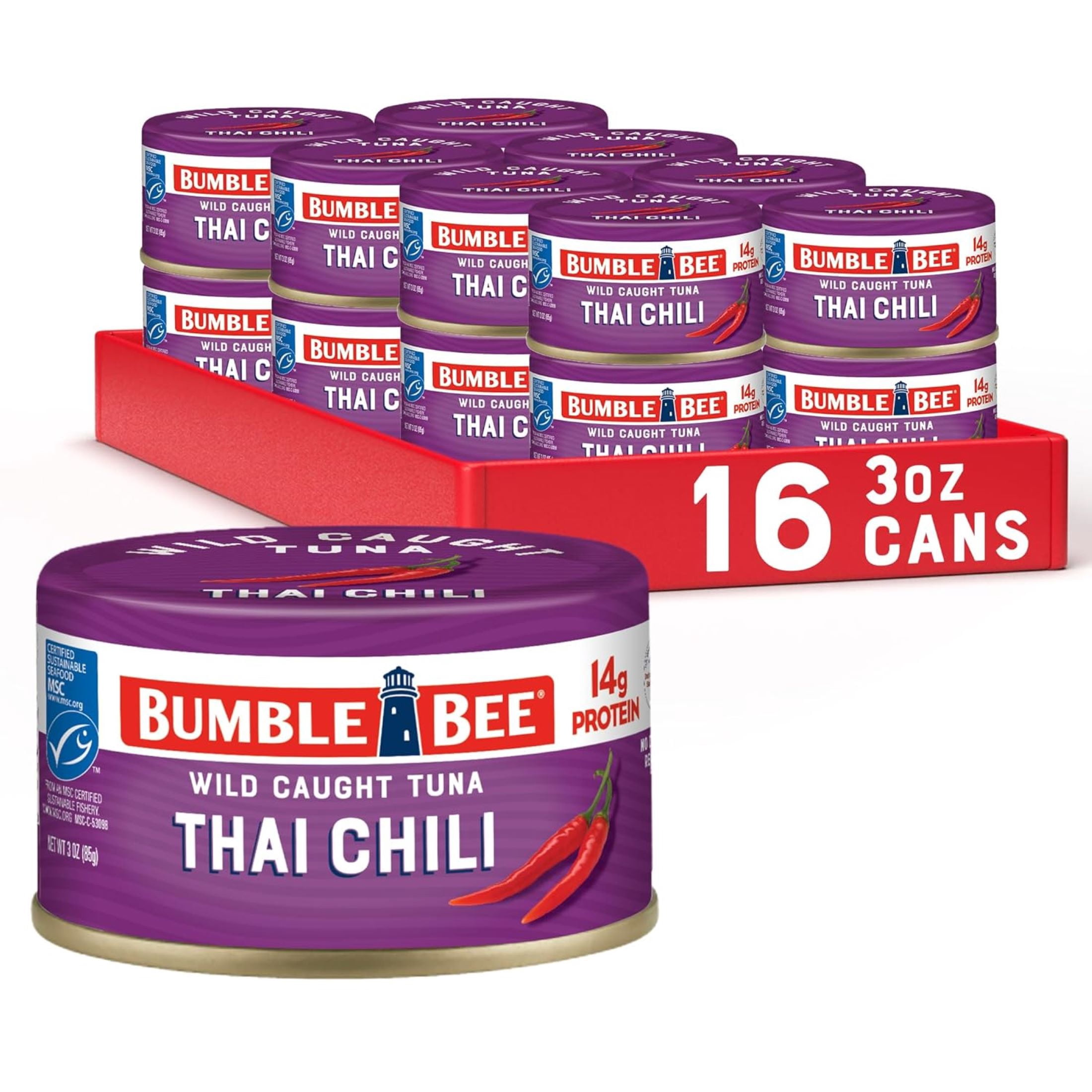 (16 pack) Bumble Bee Thai Chili Flavored Light Tuna, Wild Caught, Gluten Free, 14g Protein per Serving, Ready to Eat, No Draining, Shelf Stable Pull Tab Can, 3 oz