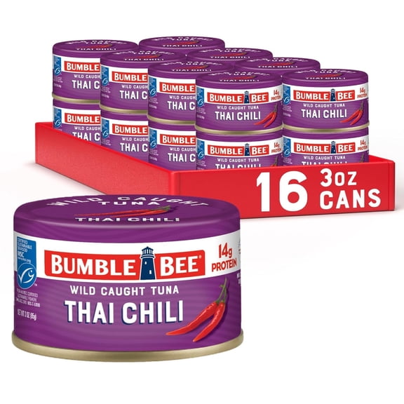 (16 pack) Bumble Bee Thai Chili Flavored Light Tuna, Wild Caught, Gluten Free, 14g Protein per Serving, Ready to Eat, No Draining, Shelf Stable Pull Tab Can, 3 oz