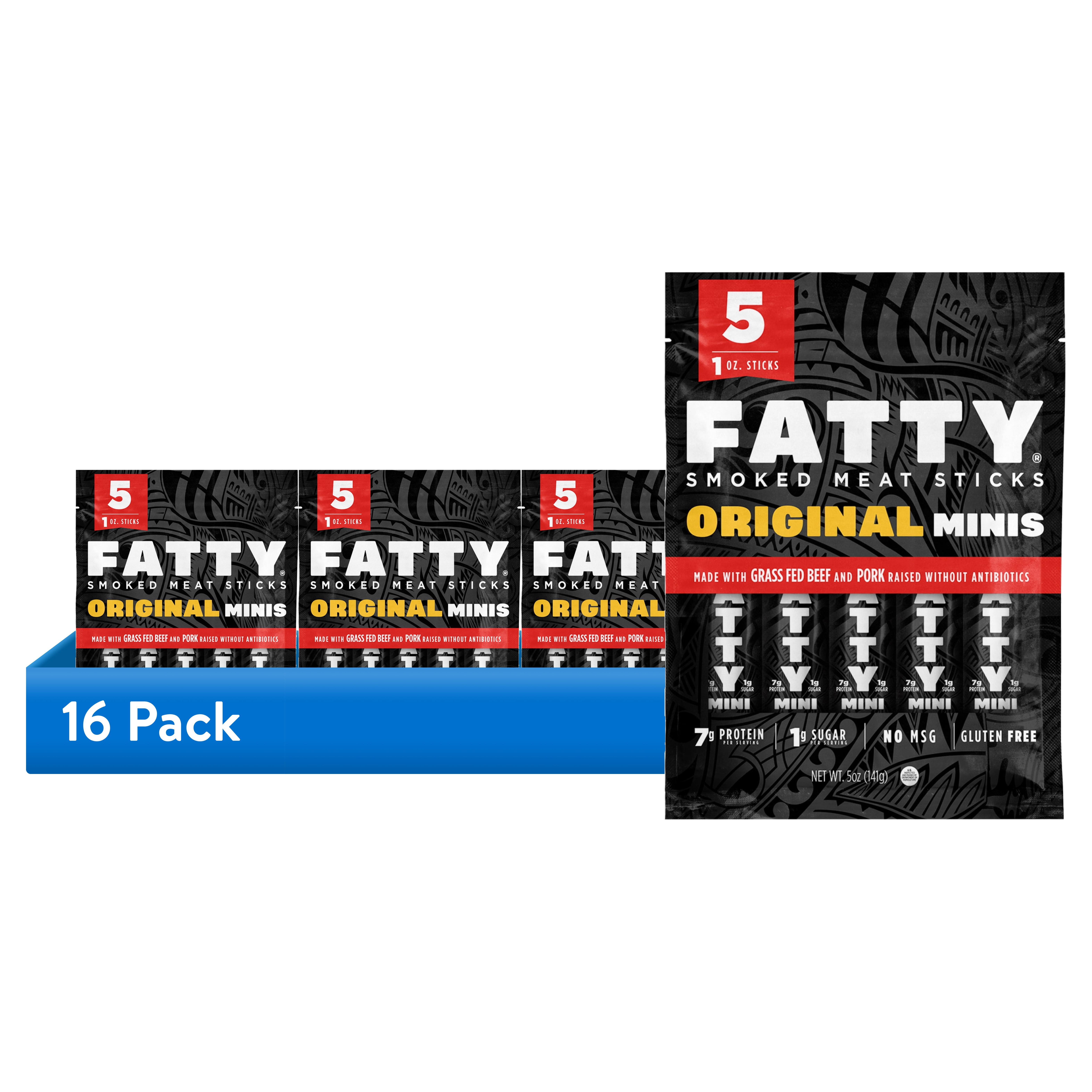 (16 pack) FATTY Mini Meat Sticks, Made with Grass Fed Beef, Pork Raised Without Antibiotics, 7g Protein Per Stick, Original Minis, Father's Day Snack Gift for Dad, 1 oz. Snack Size (Pack of 5)