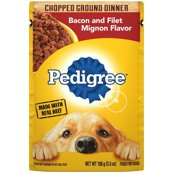 (16 pack) Pedigree Chopped Ground Dinner Adult Soft Wet Dog Food, Bacon And Filet Mignon Flavor, 3.5 Oz Pouches, 16 Pack