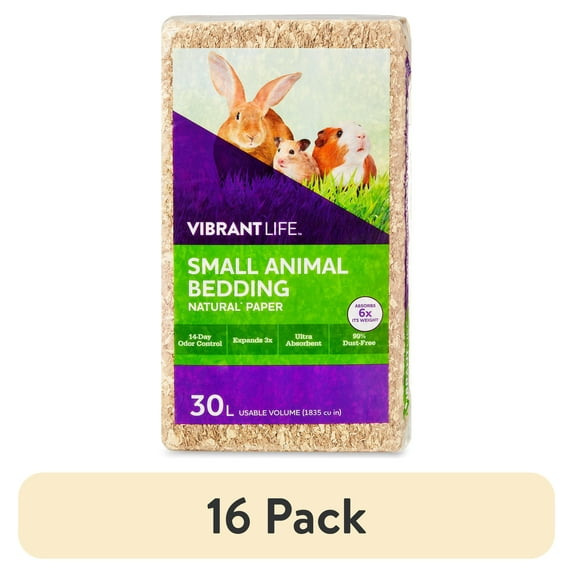 (16 pack) Vibrant Life Small Animal Bedding, Natural Paper, 30 L Bag