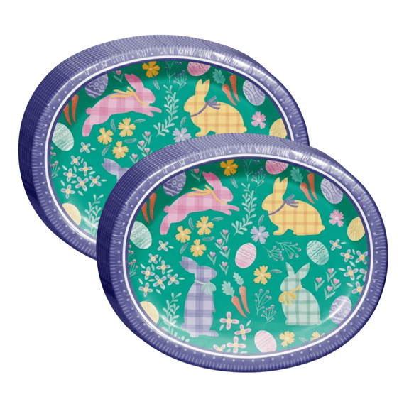 16 pcs Easter Bunny Cottage Oval Paper Platter Plates, Disposable Easter Serving Platters, 10 x 12 in, Super Strong & Soak Proof