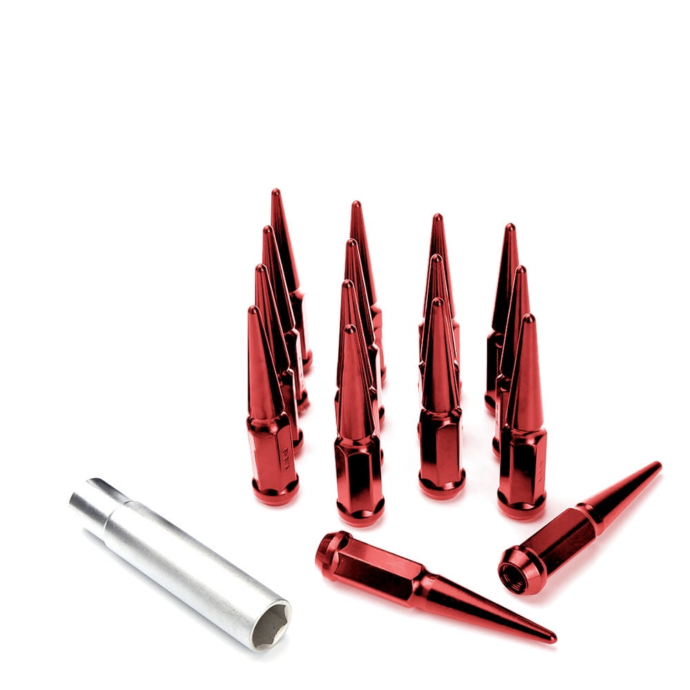 16 pcs M14x2 112mm 4.5" Wheel Car Spike Lug Nuts Red Conical w/ Key