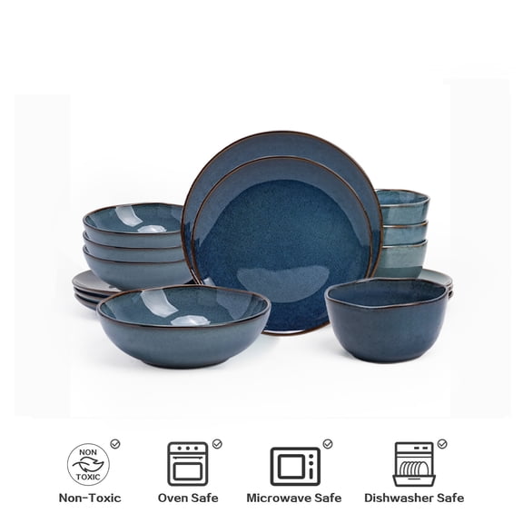 16 pcs household ceramic cutlery set, machine washable microwave oven safe,Blue 16pc