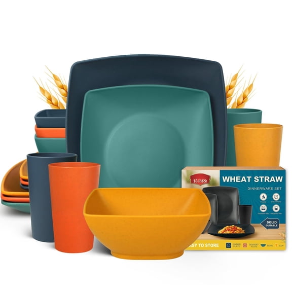 16-piece Autumn Multicolor Square Plastic Wheat Straw Dinnerware Set for 4