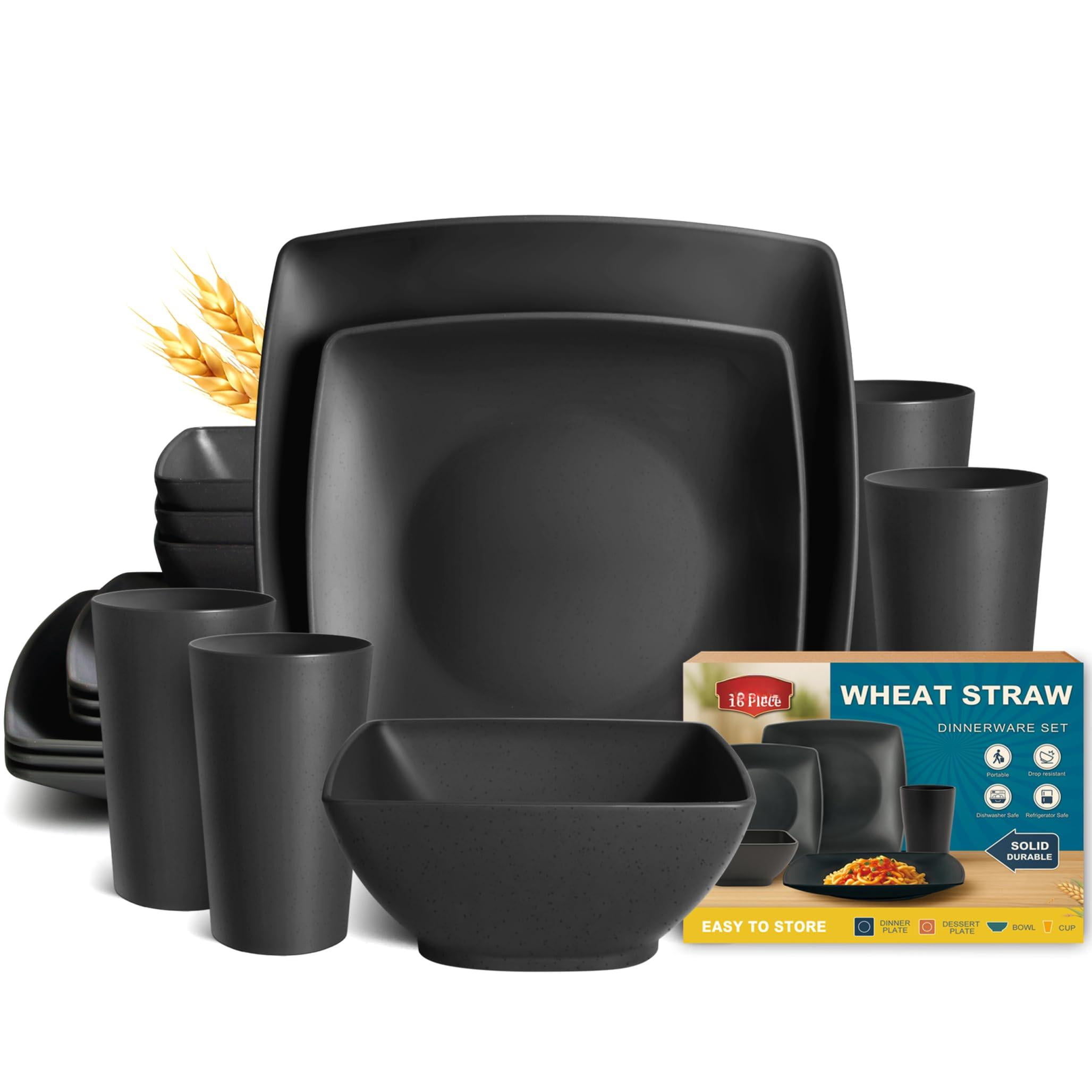 16-piece Black Square Plastic Wheat Straw Dinnerware Set for 4, Kitchen ...