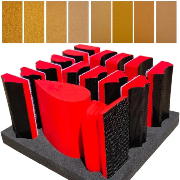 16-piece Contoured Profile 4" Hand Sanding Block Set With 40 Sheet Hook & Loop Sandpaper Kit - Interchangeable Assorted Convex Concave Shapes For Woodworking Furniture  Auto Paint And Crafts