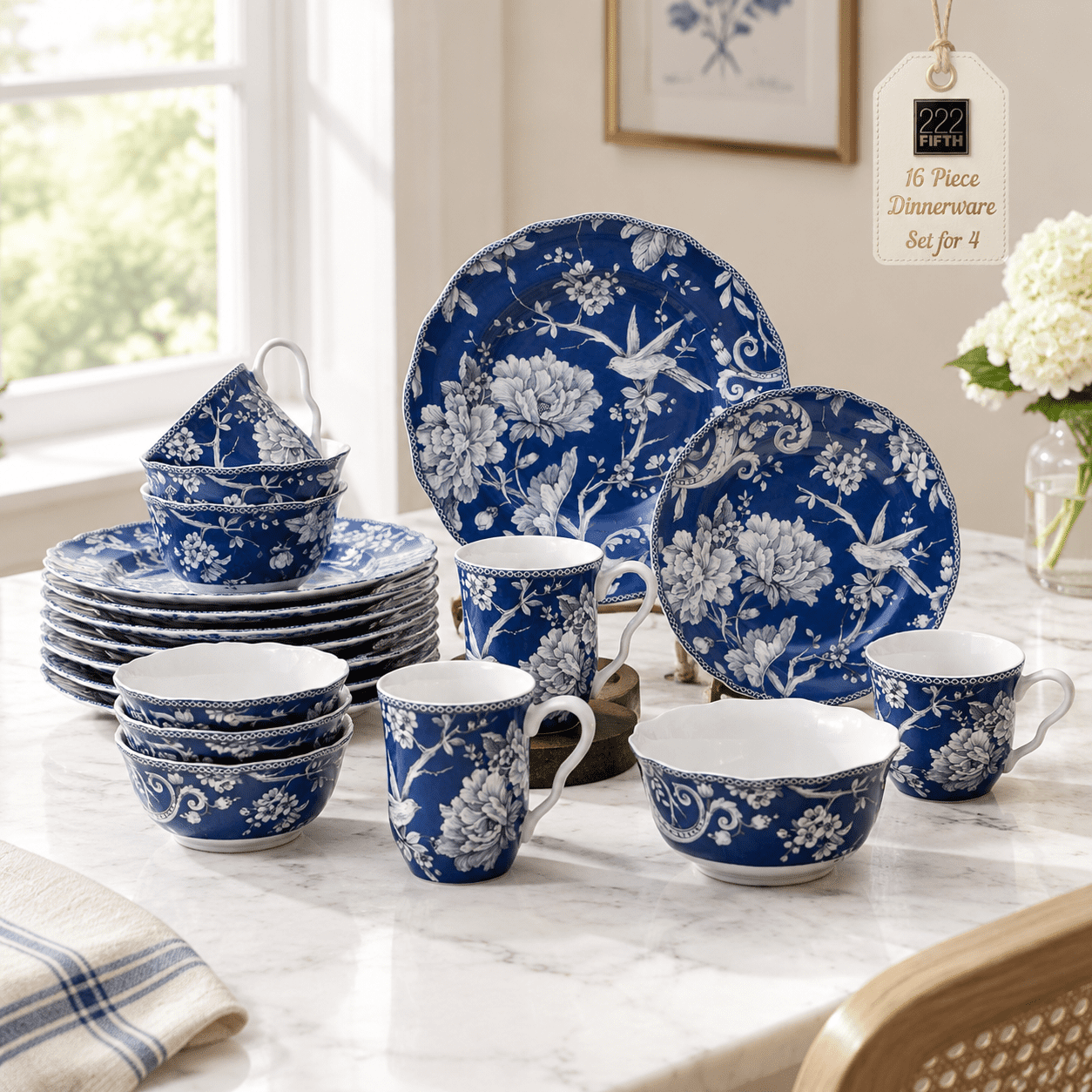 16-piece Dark Blue Porcelain Dinnerware Set, Service for 4, Includes ...