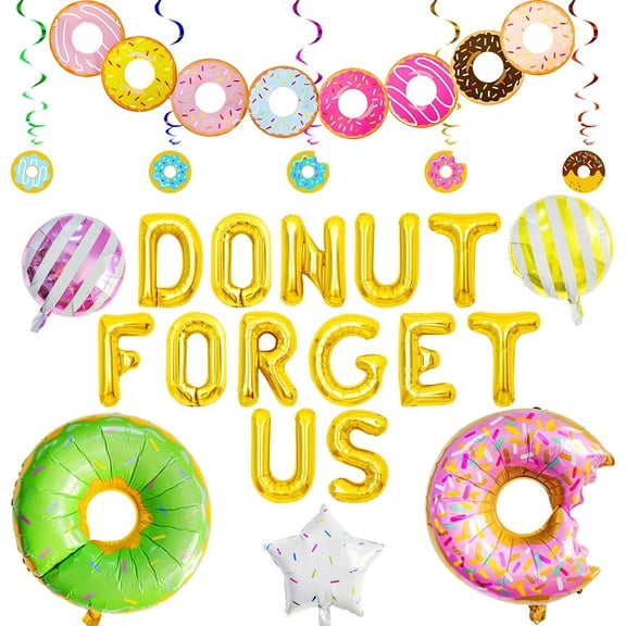 16-piece Donut Party Decorations Set - "DONUT FORGET US" Banner + Colorful Balloons/Streamers/Hanging Decorations Set