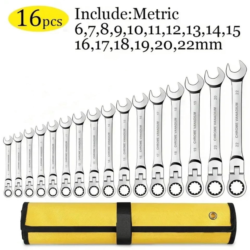 16-piece Ratchet Wrench Set, Combination Wrench Kit, with Portable Hanging Bag, Covering Multiple Sizes, Suitable for Repairing Cars (6-22mm)