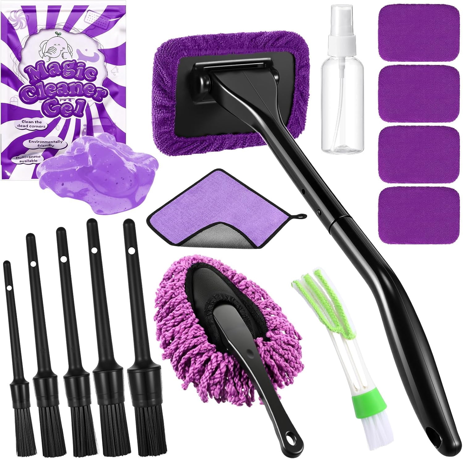 16-piece Windshield Cleaning Kit, car cleaning set with various detail brushes, spray bottle, cleaning cloths, cleaning gel accessories, car interior cleaning set for windows and vents (purple)
