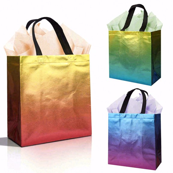 16-piece holographic gradient gift bags, universal for holiday parties. These gift bags with non-slip handles are essential for birthdays, Christmas, and Valentine's Day.
