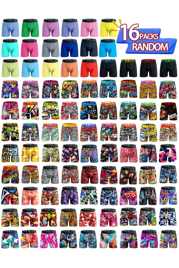 16-piece men's boxer briefs set, KJFISTMU surprise set, various styles, fast fashion trendy prints and street graffiti designs, soft and comfortable, breathable and quick-drying, suitable for casual