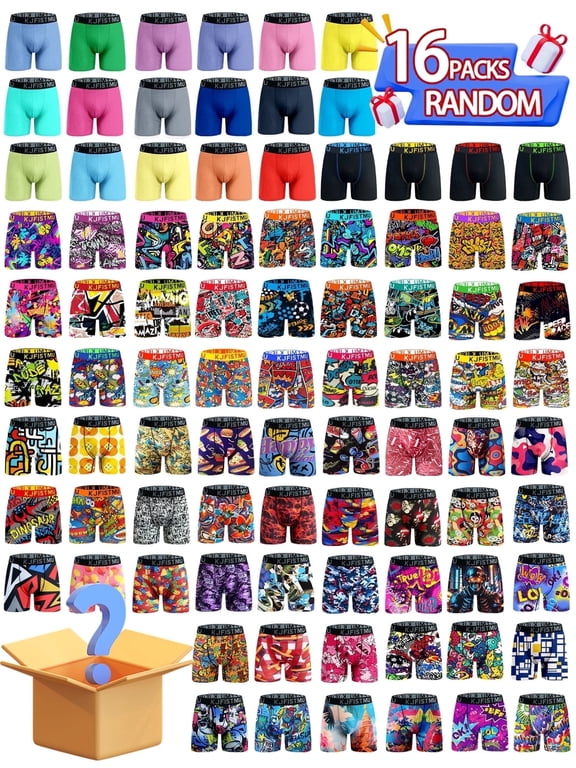 16-piece men's boxer briefs set, KJFISTMU surprise set, various styles, fast fashion trendy prints and street graffiti designs, soft and comfortable, breathable and quick-drying, suitable for casual