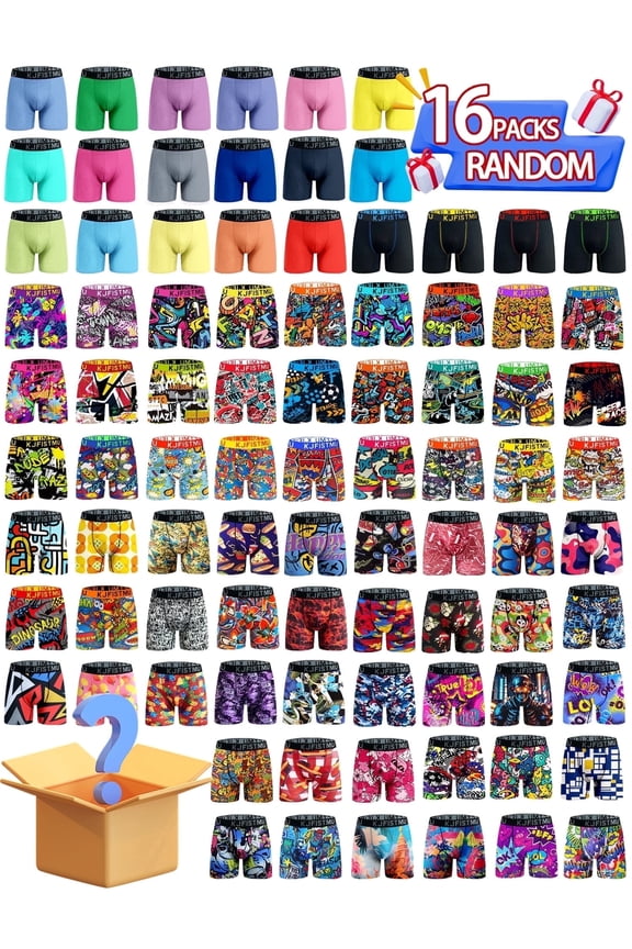 16-piece men's boxer briefs set, KJFISTMU surprise set, various styles, fast fashion trendy prints and street graffiti designs, soft and comfortable, breathable and quick-drying, suitable for casual