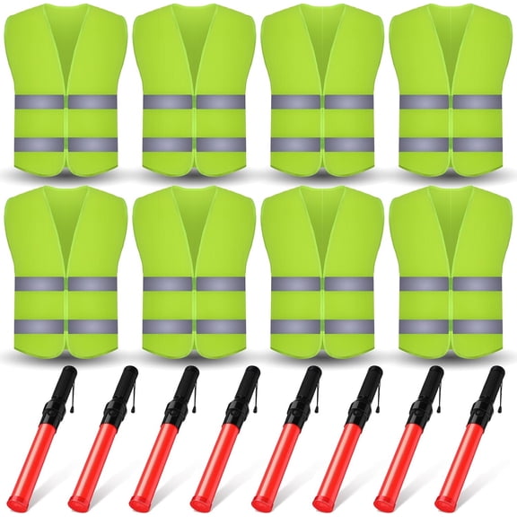 16-piece set 16-inch signal traffic baton high visibility safety vest set, including 8 reflective safety vests and 8 traffic control light safety batons, suitable for airport parking lots