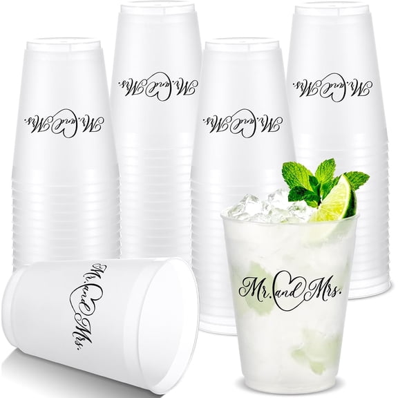 16 reusable frosted cups for weddings, 16-ounce reusable frosted plastic cups for bride and groom, wedding reception cups, wedding bride gift, family birthday party supplies