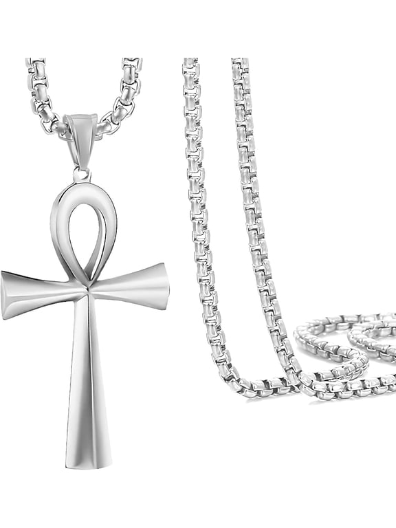 16 to 24 Inches Rolo Chain Ancient Ankh Cross Pendant Necklace for Men Women 316L Stainless Steel with Large And Medium Sizes