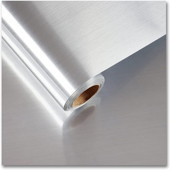 16" x 118" Silver Stainless Steel Wallpaper Kitchen Appliance Oil Proof Peel and Stick Contact Paper Waterproof Removable Aluminum Foil for Countertop Cabinet Shelf Fridge Decor
