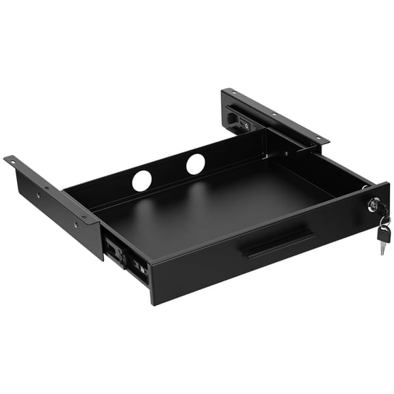 16'' x 12'' Under Desk Drawer Slide Out Storage Organizer, Lockable Metal Desk Drawer for Laptop and Office Accessories, Large Hidden Under Table Storage Box with Cable Management, Black