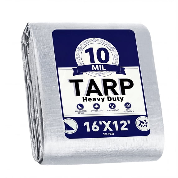Heavy Duty Tarp 16 x 12 ft, Waterproof Tarps with Grommets Every 19.7", 10 Mil Thick Protective Tarps Cover, Large Multi-Purpose Tarps for Home,Boats,Cars,Camping,Protective Cover, (Silver)